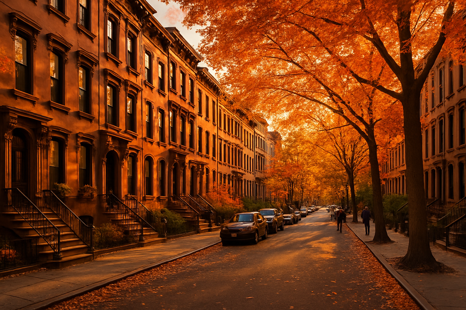 A street in Brooklyn, New York lined with brownstones in the fall around sunset